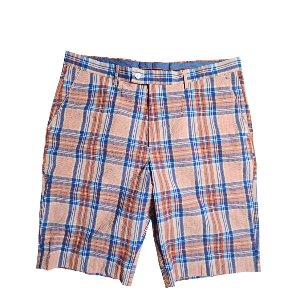 Linea Uomo‎ Mens Seersucker Plaid Shorts Coral Blue 40 Travel Coastal Resort NWT